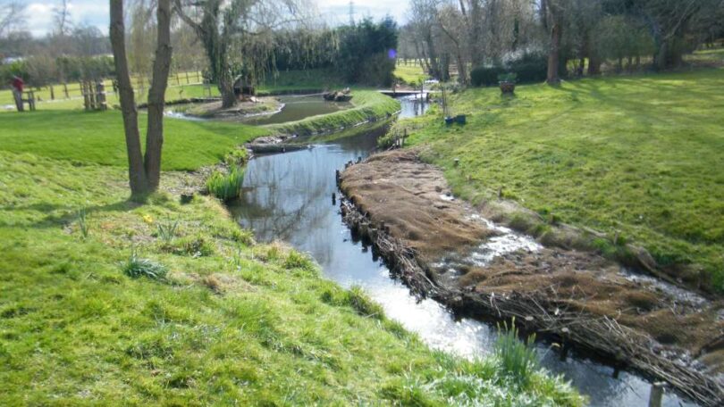 Restored section of the River Hart at Coxmoor Farm showing re-profiled riverbanks and improved channel flow.