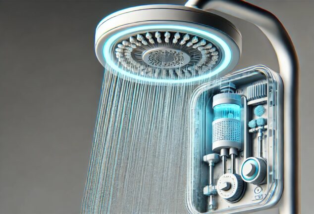 Showerhead symbolising Legionella prevention and water disinfection in healthcare facilities.