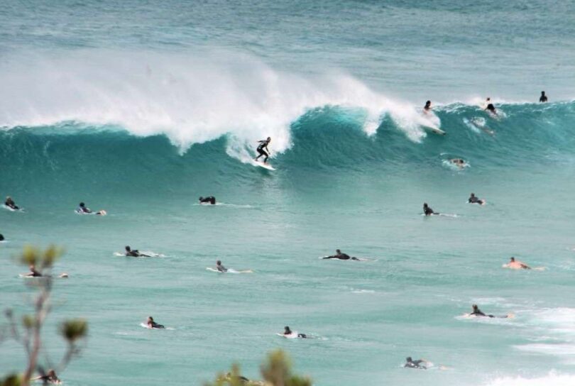 Surfers riding waves off the Queensland coast, near the site of a sewage treatment plant upgrade.
