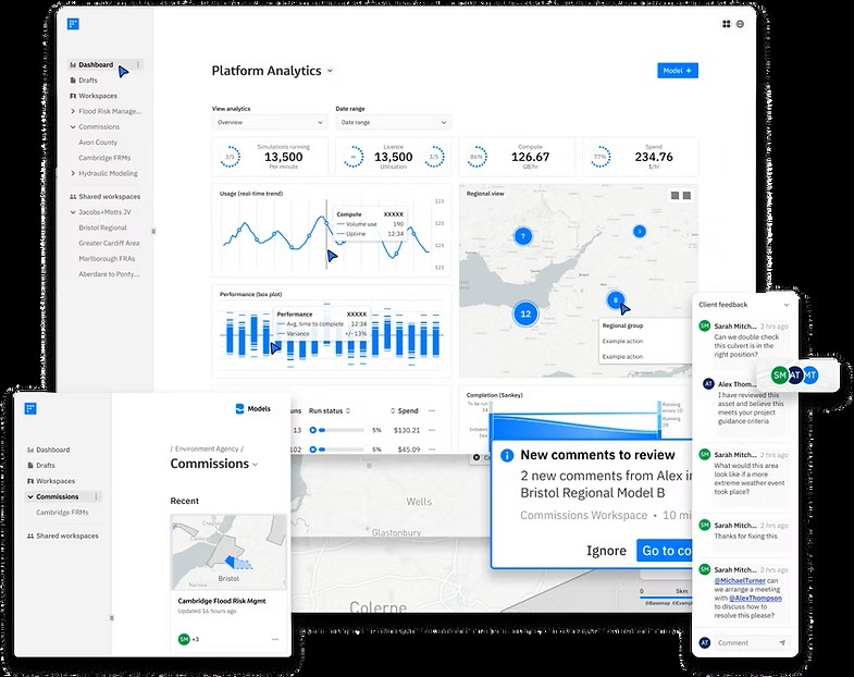 Screenshot of Jacobs’ Flood Platform showing dashboard analytics and collaborative workspace tools for flood modelling.