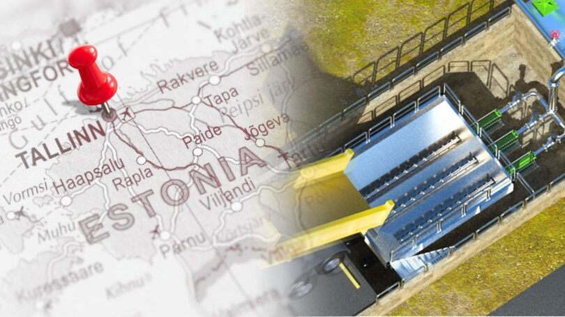 Map of Estonia with a red pin marking Tallinn, overlaid with an image of an industrial pumping installation.