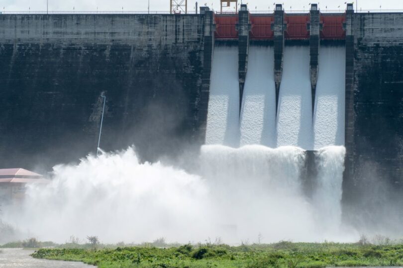 reservoir with visibly rising water level after heavy rainfall