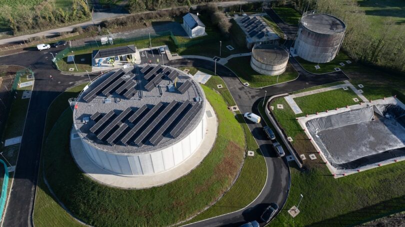 Aerial view of the upgraded Windmill Hill Reservoir in County Meath with solar PV panels installed on the new treated water storage tank.